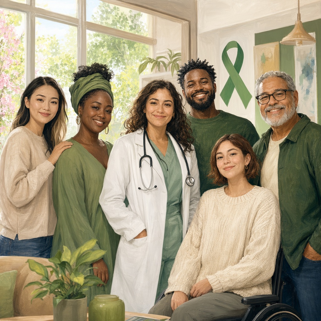 Diverse healthcare team gathered in a bright, welcoming office with a green mental health awareness ribbon on the wall